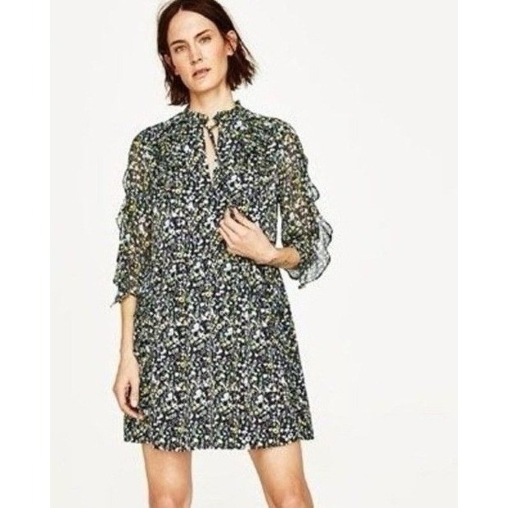 Zara Floral Print Ruffle Mini Dress Blue Yellow Ditsy‎ Flower 3/4 Sleeve Small